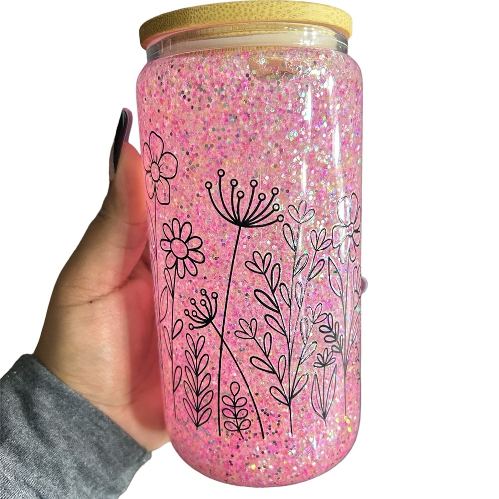 Flower pink glitter tumbler new!